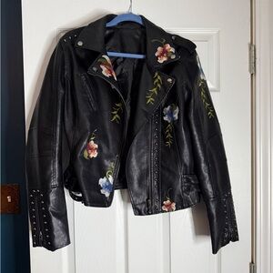 Floral Embroidered Black Leather Jacket